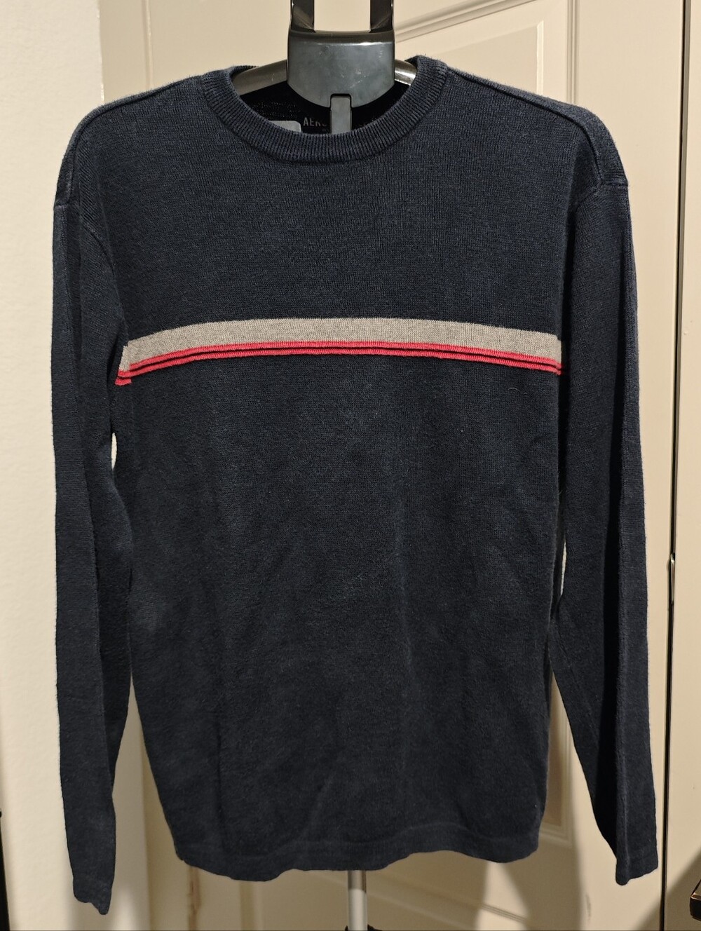 Aeropostale Men's Blue Crew Neck Long-Sleeve Sweater — Gray & Red Stripes Size M